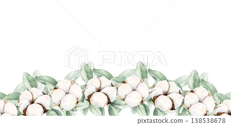 Cotton and green eucalyptus branches border. Watercolor hand drawn illustration isolated on white. Botanical painting for greeting cards, birthday invitations, wedding design, web banners. Cotton and green eucalyptus branches border. Watercolor hand drawn illustration isolated on white. Botanical painting for greeting cards, birthday invitations, wedding design, web banners. 138538678
