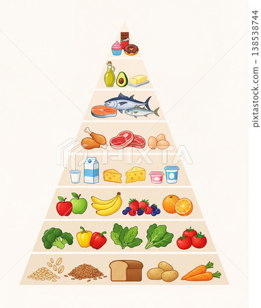Food pyramid with the various food groups for a healthy diet Food pyramid with the various food groups for a healthy diet 138538744