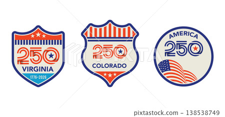 Set of United States of America 250th anniversary celebration badges. Happy 4th of July USA 138538749