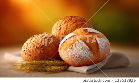 Fresh baked round bread loaves with wheat ears, copy space Fresh baked round bread loaves with wheat ears, copy space 138538929