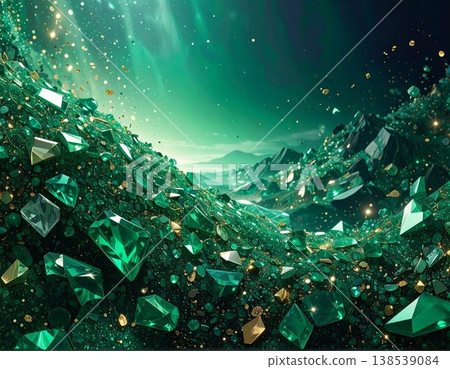 A dark fantasy background featuring shimmering gold and deep green emerald gemstones; a fantastical light effect. 138539084