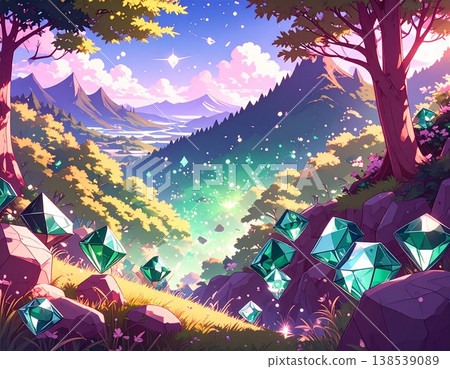 A fantastical background image featuring shimmering emerald green gemstones and gold particles - Dark Fantasy Illustration 138539089