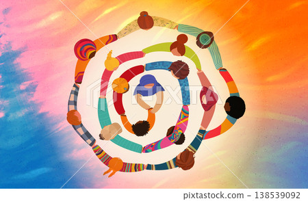 Top view of diverse people forming colorful spiral symbol of unity inclusion and human connection 138539092