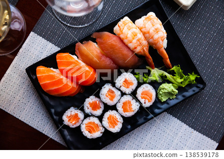 Combined sushi - maki salmon, nigiri variado closeup 138539178