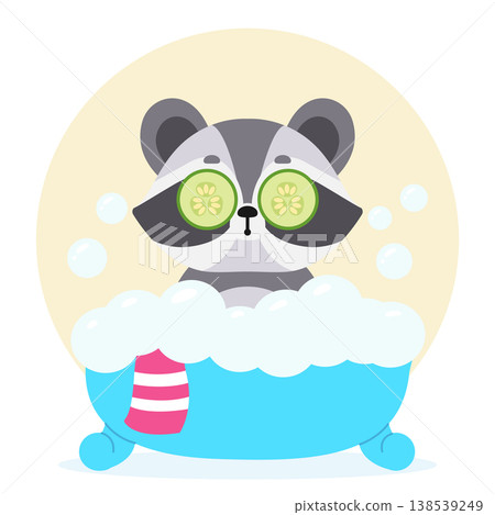 Funny cartoon raccoon taking a bubble bath with a cucumber mask. Vector illustration, isolated background Funny cartoon raccoon taking a bubble bath with a cucumber mask. Vector illustration, isolated background 138539249