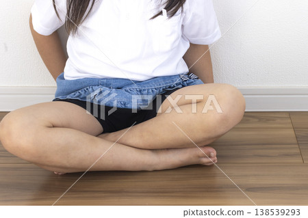 Lower body of a girl (5 years old, Japanese, face not shown) sitting with leggings under her skirt. Lower body of a girl (5 years old, Japanese, face not shown) sitting with leggings under her skirt. 138539293