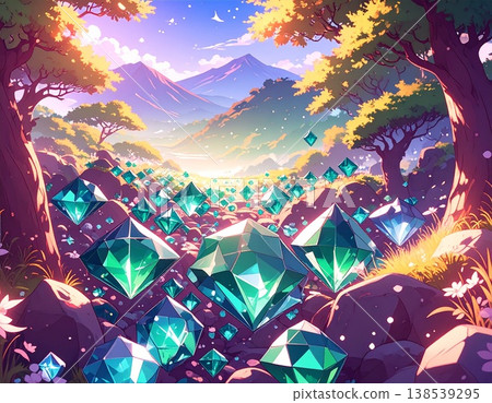A dark fantasy background featuring shimmering gold and deep green emerald gemstones; a fantastical light effect. 138539295