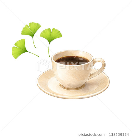 Coffee and ginkgo leaves watercolor illustration - Natural and gentle cafe theme 138539324