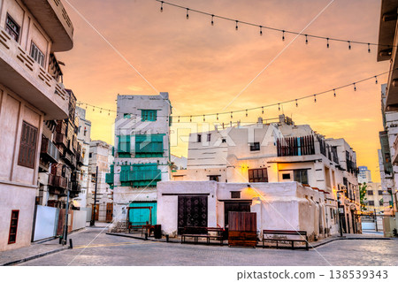 Traditional architecture and historic buildings in the Al-Balad district of Jeddah, Saudi Arabia, during sunset. Traditional architecture and historic buildings in the Al-Balad district of Jeddah, Saudi Arabia, during sunset. 138539343