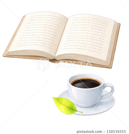 一本打開的書和一杯咖啡,水彩插畫。自然元素象徵閱讀和放鬆時光。 一本打開的書和一杯咖啡,水彩插畫。自然元素象徵閱讀和放鬆時光。 138539355