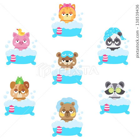 Set of cute, funny cartoon animals taking a bath. Bath accessories. Sticker collection. Vector illustrations, isolated on a white background Set of cute, funny cartoon animals taking a bath. Bath accessories. Sticker collection. Vector illustrations, isolated on a white background 138539436