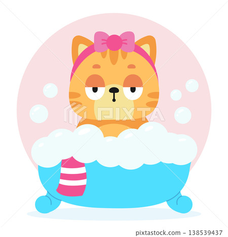 Funny cartoon cat taking a bubble bath, wearing a pink headband. Vector illustration, isolated background Funny cartoon cat taking a bubble bath, wearing a pink headband. Vector illustration, isolated background 138539437