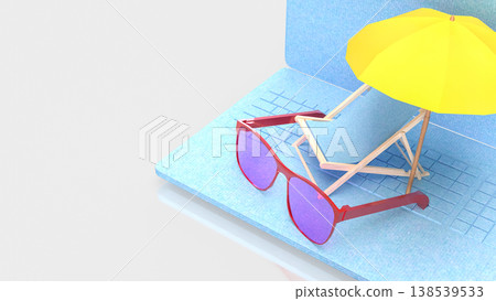 Summer Vacation Concept With Laptop Beach Scene 3d render. Summer Vacation Concept With Laptop Beach Scene 3d render. 138539533