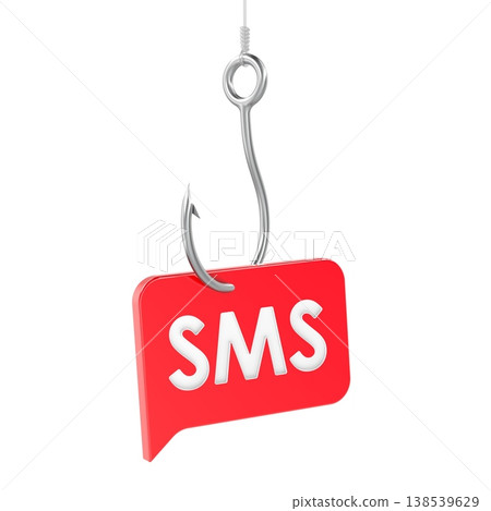 Fishing hook with SMS message. Concept of mobile marketing, phishing attack, spam message. 3d rendering 138539629