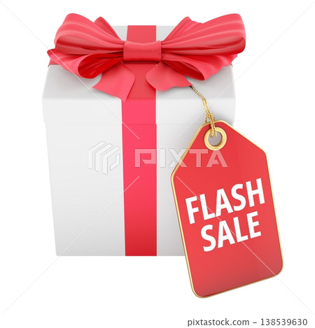 Gift box with flash sale price tag, 3d rendering 138539630