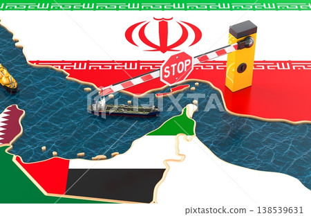 Hormuz blockade concept with tankers and stop barrier near Iran. 3d rendering 138539631