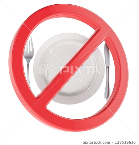 Prohibition symbol with plate and cutlery. 3d rendering Prohibition symbol with plate and cutlery. 3d rendering 138539636