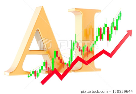 AI with candlestick stock chart and red upward arrow symbolizing artificial intelligence growth. 3d rendering 138539644