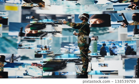 Military operator in war room oversees mission operations using virtual reality technology. Army soldier using VR headset equipment to do surveillance and threat monitoring, camera A Military operator in war room oversees mission operations using virtual reality technology. Army soldier using VR headset equipment to do surveillance and threat monitoring, camera A 138539709