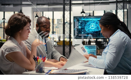 Hiring manager and team use virtual assistant tools powered by AI, machine learning and neural networks to evaluate interview results, CV filtering and assist in selecting talent. Camera A. Hiring manager and team use virtual assistant tools powered by AI, machine learning and neural networks to evaluate interview results, CV filtering and assist in selecting talent. Camera A. 138539728
