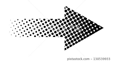 Dotted black arrow symbol with faded texture isolated on white background. Direction, motion, download or skip sign with vanishing halftone effect. Vector graphic illustrations 138539933