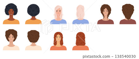 Textured hairstyles flat color set with afro, ringlets, wavy, curly and feathered hair types, diverse vector characters Textured hairstyles flat color set with afro, ringlets, wavy, curly and feathered hair types, diverse vector characters 138540030