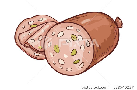Boiled sausage with pistachios. Vector isolated illustration Boiled sausage with pistachios. Vector isolated illustration 138540237