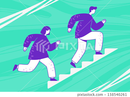 雄心壯志與目標達成。一對男女攀登樓梯的挑戰。極簡主義插畫。 雄心壯志與目標達成。一對男女攀登樓梯的挑戰。極簡主義插畫。 138540261