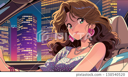 一幅時尚插畫，描繪了一位女士和一輛汽車，喚起了 20 世紀 80 年代都市流行樂的氛圍，充滿都市氣息和魅力。 138540520