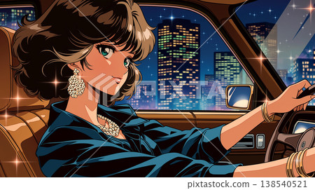 一幅時尚插畫，描繪了一位女士和一輛汽車，喚起了 20 世紀 80 年代都市流行樂的氛圍，充滿都市氣息和魅力。 138540521