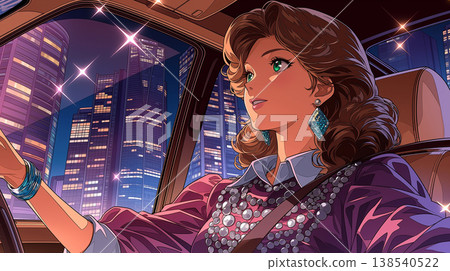 一幅時尚插畫，描繪了一位女士和一輛汽車，喚起了 20 世紀 80 年代都市流行樂的氛圍，充滿都市氣息和魅力。 138540522