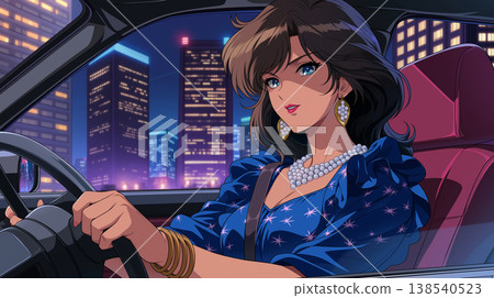 一幅時尚插畫，描繪了一位女士和一輛汽車，喚起了 20 世紀 80 年代都市流行樂的氛圍，充滿都市氣息和魅力。 138540523