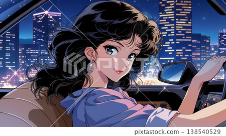 A stylish fashion illustration of a woman and a car, evoking the atmosphere of 1980s city pop, urban and glamorous. 138540529