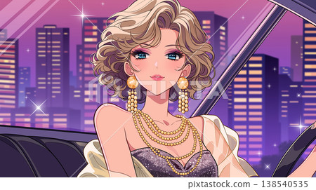 這是一幅復古時尚插畫，描繪了一位女士和一輛汽車，喚起了都市流行樂和 20 世紀 80 年代的氛圍，具有都市和精緻的感覺。 138540535