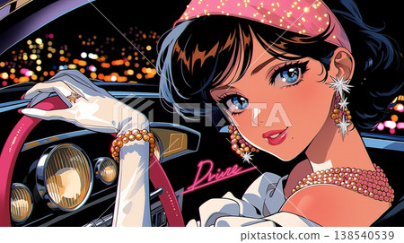 A retro fashion illustration of a woman and a car that evokes the atmosphere of city pop and the 1980s, with an urban and sophisticated feel. 138540539