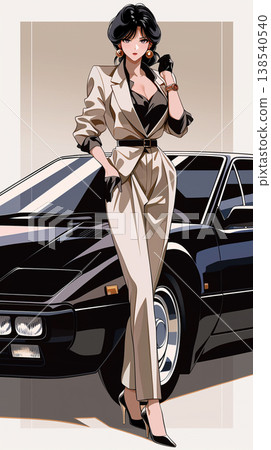 Fashion illustrations of women and cars themed around 1980s city pop, showcasing a sophisticated urban style. 138540540