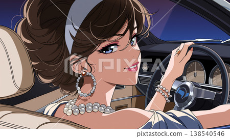 以 1980 年代都市流行文化為靈感，描繪女性與汽車的時尚插畫，風格精緻而都市化。 138540546