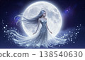 A beautiful moon goddess standing before the full moon, under a starry sky - a spiritual illustration. 138540630
