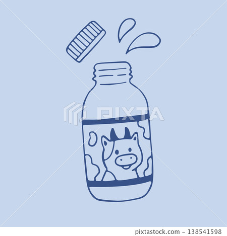 Hand drawn vector of a small glass milk bottle with an open cap and splashes of liquid. Playful line art illustration with a happy cow cartoon face on the label for healthy breakfast themes Hand drawn vector of a small glass milk bottle with an open cap and splashes of liquid. Playful line art illustration with a happy cow cartoon face on the label for healthy breakfast themes 138541598