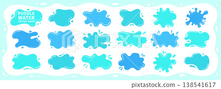 Liquid shapes frames uneven wavy edges set fluid puddles splashes drops blobs stains text background 138541617