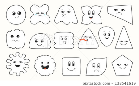 Geometric characters line set blob shapes expressive comic smiling childish different playful faces Geometric characters line set blob shapes expressive comic smiling childish different playful faces 138541619