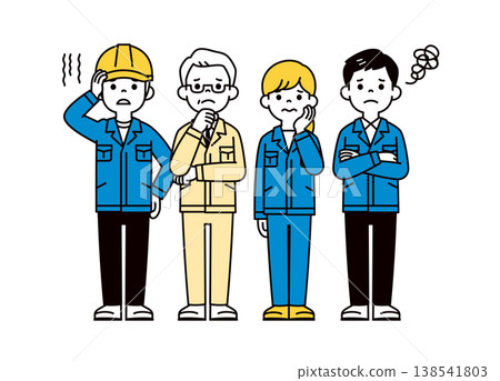 A set of full-body vector illustrations of the company president and male and female factory workers with troubled expressions and poses. A set of full-body vector illustrations of the company president and male and female factory workers with troubled expressions and poses. 138541803