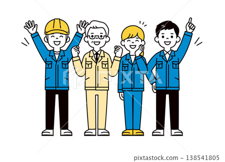 一組身著工作服的男女工廠工人的全身向量插圖,慶祝他們的成功和成就。 一組身著工作服的男女工廠工人的全身向量插圖,慶祝他們的成功和成就。 138541805