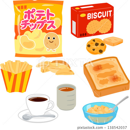 一組含有丙烯醯胺的食物插圖。 一組含有丙烯醯胺的食物插圖。 138542037