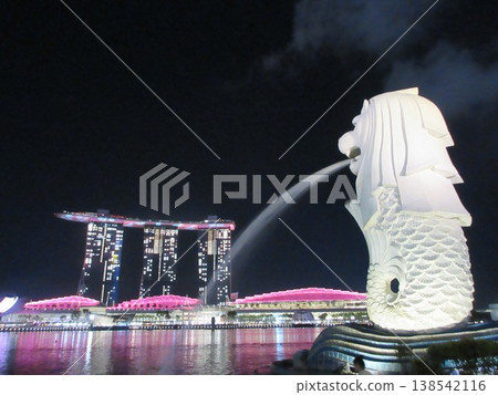 Singapore: Marina Bay Sands and Merlion - Night View Singapore: Marina Bay Sands and Merlion - Night View 138542116