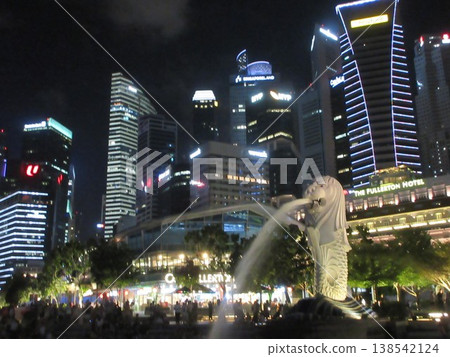 新加坡:魚尾獅和摩天大樓,夜景 新加坡:魚尾獅和摩天大樓,夜景 138542124