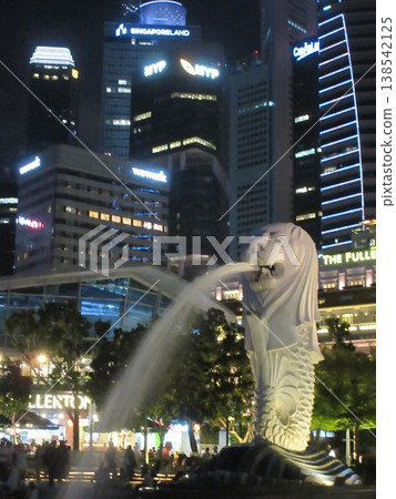 新加坡:魚尾獅和摩天大樓,夜景 新加坡:魚尾獅和摩天大樓,夜景 138542125