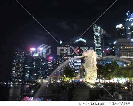 Singapore: Merlion and skyscrapers, night view Singapore: Merlion and skyscrapers, night view 138542129