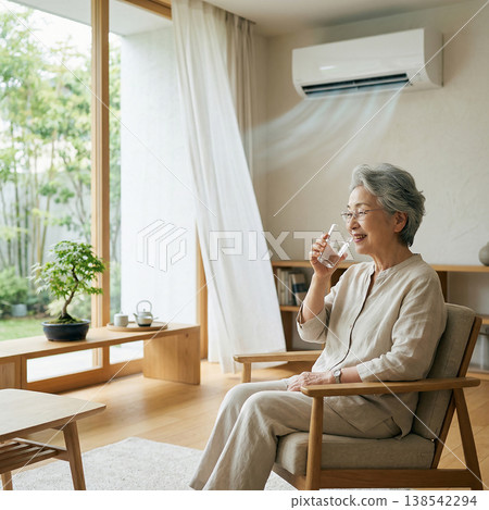 An elderly woman coolly drinks water in a comfortable, air-conditioned room. 138542294