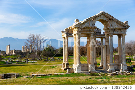 Monumental gateway or tetrapylon in ancient city of Aphrodisias, Turkey Monumental gateway or tetrapylon in ancient city of Aphrodisias, Turkey 138542436
